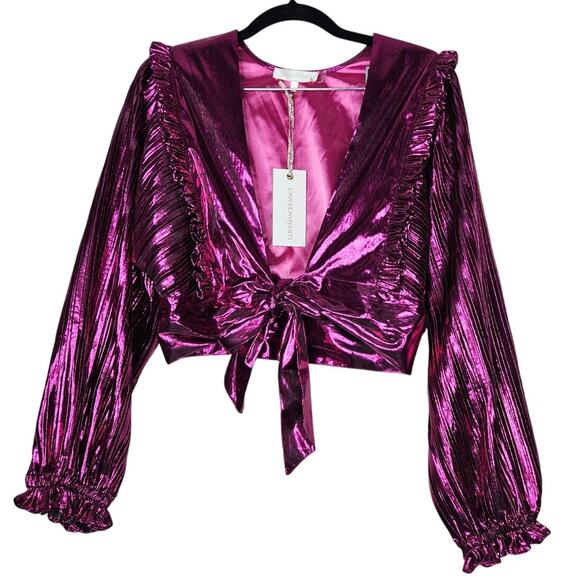 NEW LoveShackFancy S Fuschia Pink Shiny Metallic Missy Crop Top Tie Front Prep - Picture 2 of 7